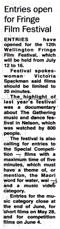 The Entries open for Fringe Film Festival - Dominion, 23 April 1999